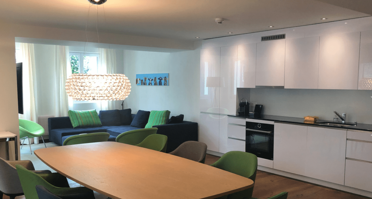 shared kitchen and coworking area